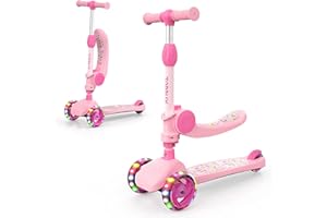 TONBUX Kids Scooter - Foldable 3 Wheel with Flashing LED Lights, Big Wheels, Height Adjustable, Wide Deck, Foldable Seat