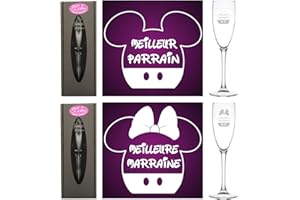 GRAVURE EVENTS Lot 2 Flûtes gravées – 1 Verre Meilleur Parrain + 1 verre Meilleure Marraine - Baptême et Communion Garçons et Filles – Décoration de table thème Mickey Mouse et Minnie Disneyland Disney boite dragées