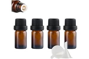 ZEOABSY 4 Pezzi Bottiglietta di Vetro per Oli Essenziali da 5 ml Ambra Marrone Bottiglia con Tappo di Sicurezza Nero con Contagocce Interno a Caduta, Contenitori di Aromaterapia