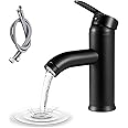 Xspring Bathroom Basin Faucet, Wash Basin Mixer Faucet with ABS Pop Up Drain, Stainless Steel Bathroom Sink Faucet Single Tap, Easy Installation Wash Basin Bathroom Faucet for Bathroom (Short), Black