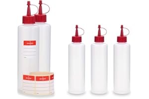 5 x 250 ml Octopus HDPE butelki plastikowe, np. do e-papierosów (e-papierosów), butelek na płyny lub butelek z tworzywa sztucznego z czerwonymi zatyczkami do spryskiwaczy / zakrętkami kroplowymi, w zestawie etykiety do opisywania