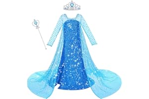 ACWOO Costume Elsa, costume da principessa bambina con accessori per corona e bacchetta di Elsa, abiti principessa Elsa con paillettes lussuose, costume bambina Halloween Cosplay compleanno carnevale