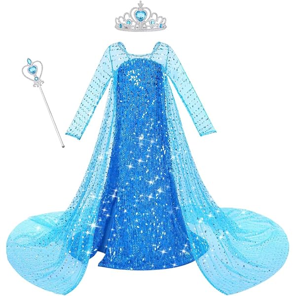ITMNMNL Elsa Vestito Set,Costume Vestito Bambina Principessa,Elsa Costume Ragazze Principessa,Set Da Principessa Corona Bacchetta Guanti Treccia,Cosplay Party Halloween Abito Ragazze Di Natale - 120 - Foto 3