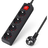 Aigostar Power Strip with 4 Outlets, Extension Strip with 3 Metres Cable and Switch, Black