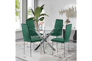 GOLDFAN Round Dining Table and Chairs Set 4 Modern Glass Kitchen Table and Velvet High Backrest Chairs Dining Room Set, Green