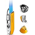 CIGARLOONG Cigar Lighter Alloy 3 Torch Flame Refillable Windproof Lighter with Cigar Punch Gift Box(Yellow),Without Gas