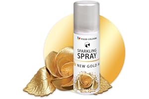 Food Colours Lebensmittelfarbspray NEW GOLD 50ML Dekorative Lebensmittelfarbe mit metallischem Effekt, Glitzerüberzug, Dekoration für Kuchen, Schokolade, Pralinen, Zuckerpaste, Tortenoberfläche