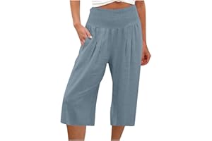 KUIH 3/4 Shorts for Women UK Summer Comfy Cotton Linen Shorts Wide Leg High Waist Straight Shorts with Pockets Hiking Outgoing Shorts Trousers Breathe Beach Shorts UK Size 8-18