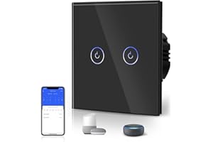 BSEED Interruptor de Sensor Táctil WIFI Inteligente (Se Requiere Línea Neutra) Alexa y Google Home Work con Tuya Para Interruptores de Luz de Pared con Placa de Cristal Negro 2 Gang 1 Vía Negro