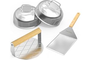 ‎ONLY FIRE onlyfire Edelstahl Grillbesteck Set, 4-Teilig Burger-Set mit Runder Burgerpresse, Grillspachtel, 2 Burger Dome, Grill Zubehör für Leckere Hamburger, Patties, Speck, Steak, für Outdoor und Indoor
