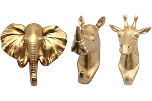 B Blesiya 3Pcs Vintage Resin Animal Head Key Hook Bag Hanger Wall Mounted Home Decorative Gold
