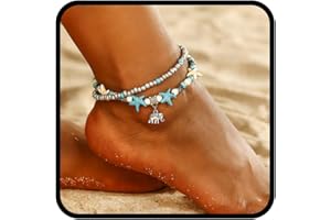 Fashband Cavigliera bohémien a strati con perline turchesi e stella marina, gioiello per piedi per donne e ragazze (argento)