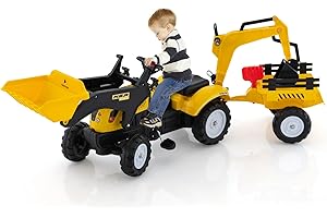 COSTWAY Tractor Pedales 3 en 1 para Niños, Topadora de Juguete con 6 Ruedas, Excavadora de Conducción con Pedales, Remolque de Carga Desmontable, Coche para Niños de 3 a 6 Años (Amarillo)