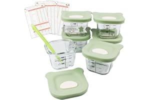 HELLO HIPPO® Lots de 6 Petit Pots en verre Bébé 160ml - Idéaux pour Compotes, Purées et Fruits, Hermétiques et Pratiques avec Graduation, Cuillère Incluse - Parfaits pour les Repas de Bébé