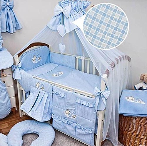 Nursery 12 piece, Cot Bumper, Baby Cot Bedding Sets"Sleeping Bear" (To fit Cot 120 x 60cm, Blue)