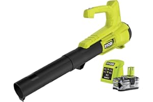 RYOBI - Soplador Eléctrico Inalámbrico Turbo Jet 18V One+ - Limpieza de Pasillos Exteriores, Terrazas, Jardines Pequeños y Medianos - 1 Batería de Litio 4Ah y 1 Cargador Rápido 1,5 A - RY18BLA-140