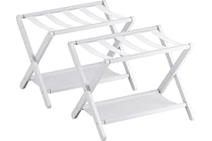 vovala Luggage Rack, Set of 2, Folding Suitcase Stand with Storage Shelf, Premium Bamboo Luggage Holder for Guest Room, Bedroom, Hotel, Closet, Holds up to 61 kg (White)