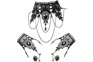 Daimay Gargantilla Negra Collar de Encaje con Conjunto de Pulsera Fiesta Punk gótica Vintage Hecho a Mano Pulsera de esclava Retro de Lolita para Mujeres