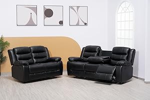SOFAHEAVEN Modern Recliner Black Bonded Leather 3+2+1 Seater sofa set - 3 Seater Suite For Living Room - two Seaters Couches & Settee (3+2 Seater)