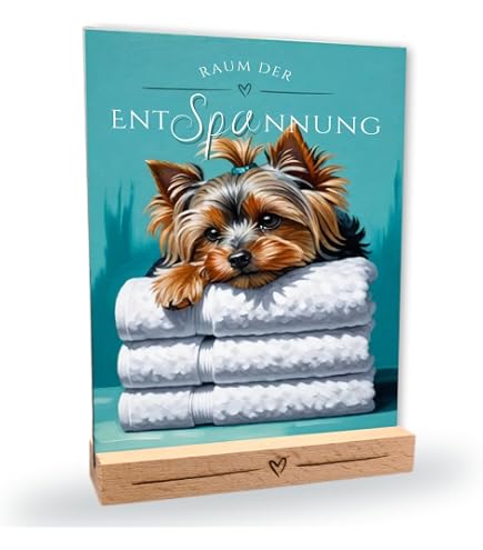 Hundeschild „Entspannung“ Für Tibet Terrier – Aus Alu-Verbund, 20x14 Cm, Mit Holzständer – Wetterfeste Deko Für Bad & Wohnung