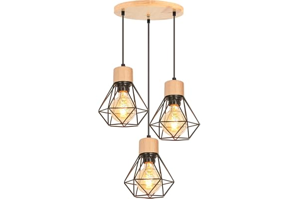 TOKIUS Lampe à Suspension E27 Industriel Plafonnier Rétro en Métal et Bois Ø160mm Lampe de plafond design pour Cuisine Salon (Bois - avec base)