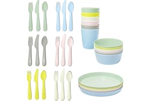 Ikea Kalas Ensemble de vaisselle en plastique sans BPA pour enfants - Bol, assiette, tasse et couverts - Couleurs pastel