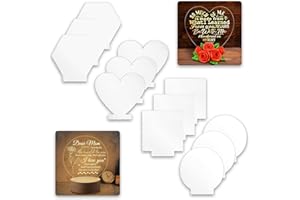 VEGENA Panneaux en Acrylique Transparent Panneaux en Plexiglas: 12 Pièces 2 mm Feuille de Plexiglas Acrylique, Feuilles Acrylique Transparentes Rond Carré Hexagone Coeur pour Base de Lumière LED, Signe