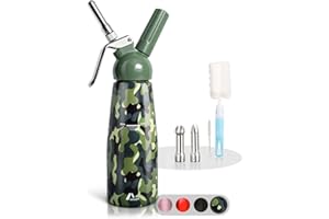 AMAZY Whipped Cream Dispenser Incl. 3 Stainless Steel Nozzles + 2 Cleaning Brushes - Professional Aluminium Whipping Cream Syphon for the Preparation of Whipped Cream, Cream (Camouflage | 500 ml)