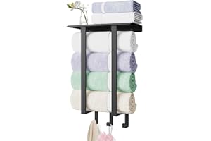 Towel Rack Wall Mounted, BETHOM Metal Square Tube Bathroom Towel Rack with Shelf, 50cm Bathroom Towel Holder for Folded or Rolled Large Bath Towels(160x100cm), Black