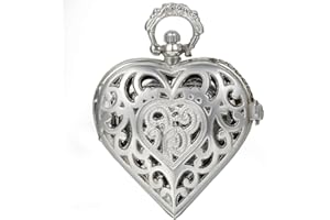 JewelryWe Vintage Silver Tone Heart Locket Style Pendant Pocket Watch Necklace for Girls Lady Women, 30-inch Chain, for Mother’s Day