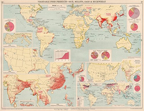 World. Food Production. Rice, Millets, Sago & Buckwheat. China & India, 1925 map