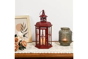 JHY DESIGN Dekoracyjna latarnia wisząca o wysokości 25 cm w stylu vintage, metalowy świecznik ze szkłem do wnętrz, ogrodu, na balkon (czerwona)