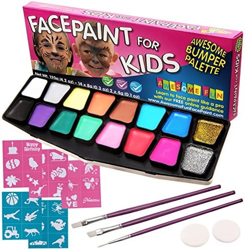Face Paint Kit, BIG BUMPER 16-Pack for Kids with Make-Up Case. Face Painting Party Set with 3 Professional Brushes, 2 Sponges, 14 Colours, Stencils, Glitter Gel, FREE eBook. Safe Non-Toxic Water-Based