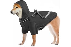 Dolahovy Dog Raincoat with Harness, Dog ponchos Waterproof dog jacket Dog Rain Suit Adjustable Reflective Pet Rainwear with Hood for Small Medium Dogs, Black