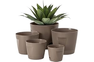 Outigu 5 Pack Plastic Planters with Drainage, Self Watering Pots for Indoor Plants, Small Cute Plastic Pots in 5 Sizes, Ideal for Indoor Plants (Brown)