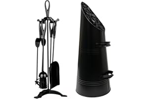Trendi Black Waterloo Bucket Coal Log Fire Ash Scuttle Hod Fireside + Shovel with 5 Piece Cast Iron Loop Design Companion Set… (Companion Set + Coal Scuttle HOD)