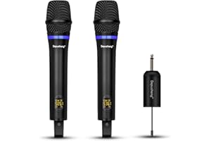 Depusheng W8 Microphone sans Fil Double Micro Dynamique à Main UHF en métal avec récepteur Rechargeable, pour Chant karaoké, Mariage, DJ, fête, Discours, Utilisation en Classe