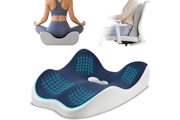 Ecofocet 2-i-1 sittdyna ortopedisk ryggkudde, ländryggskudde, ergonomisk sittkudde, svanskoskudde, med bekvämt stöd, kudde för hemorrojder, för bil soffa kontor (Azul marin)