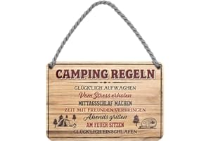 helges-shop Camping Regeln - witziges Retro Deko Metallschild mit Kordel und Saugnapf - Dekoration Wohnwagen Wohnmobil Camper Caravan Campingwagen Reisemobil - Geschenkidee für Camper - 18x12cm