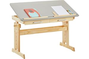 IDIMEX Kinderschreibtisch Olivia aus Kiefer in Natur/grau, schöner Schülerschreibtisch neigungs- und höhenverstellbar, praktischer Jugendschreibtisch mit Schubladen
