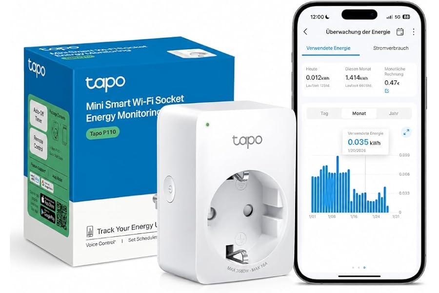 Produktabbildung zu TP-Link Tapo Smart WLAN Steckdose Tapo P110 mit Energieverbrauchskontrolle, Smart Home Alexa Steckdose, funktioniert mit Alexa, Google Home, Sprachsteuerung, Fernzugriff, Kein Hub notwendig, Mini