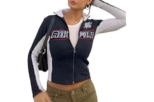 L&ieserram Damen Zip Up Kurze Jacke Vintage College Baseball Jacke Crop Sweatjacke Übergangsjacke Sweatshirt ohne Kapuze Y2K Aesthetic Clothes Frühling Herbst