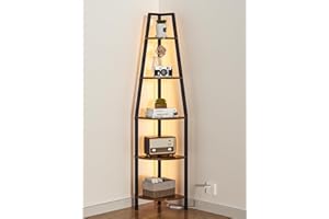 Furnulem 5 Tier Corner Shelf with LED Light, 67.2” Tall Standing Shelf for Wall Corner, Narrow Bookshelf Ladder Shelf for Bedroom, Living Room, Plant, Wood Storage Rack, Metal Frame (Rustic Brown)