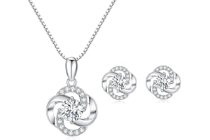 YWDUOYING PRETTERY Silver Jewellery Sets for Women, Hypoallergennic Sterling Silver Flower Stud Earrings, Silver Clover Pendant Necklace for Women with 5A Cubic Zirconia, Earrings Necklace Set for Women