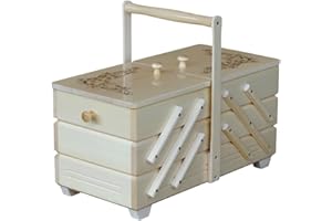 METDREW Nähkästchen Holz | Nähkasten groß | Nähkoffer mit 7 Fächern | ausziehbarer Organizer | Schmuckschatulle | dekorativer Knopfdose aus Holz | nähkörbe | 32,5 x 40 x 22,5 cm | Farbe: Naturholz