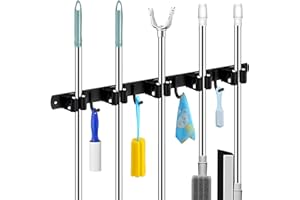 ECHOBUY soporte escobas Broom Holder Wall - Set of 5 Holders + 4 Hooks, Heavy Duty Device Holder, Self-Adhesive or Can be Installed with Nails, Ideal as a Broom Holder and for Other Garden Tools