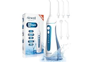 NICWELL Idropulsore Dentale Portatile, Irrigatore Orale Professionale 4 Modalità e 5 Ugelli di Ricambio con rotazione di 360 °, Ricaricabile USB, IPX7 Impermeabile, Adatto a viaggio e a casa