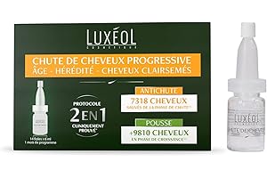 LUXÉOL - Chute De Cheveux Progressive 2 En 1 - Favorise La Croissance & Diminue La Perte Cheveux - Densifie La Chevelure - Fabriqué En France - Programme Cheveux 1 Mois - 14 Fioles De 6ml