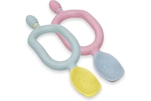 Bibado - Dippit Baby Spoon and Dipper, Pink & Grey (2-Pack) - Soft, Chewable Dipper & Deep Spoon - Two-Hand, Sensory Grip - Baby Weaning Set - Weaning Spoons - Baby Gifts - Baby Essentials - 6 Months+