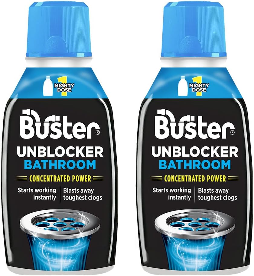 Buster Bathroom Drain Unblocker (Pack of 2 x 300ml) Fast-Acting Sink Unblocker Dissolves Hair, Sludge and Soap, Drain Cleaner Clears Blockages in Shower, Bath and Bathroom Sink Pipes - Made in UK